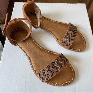 Tan Ankle Strap Flats with crystal details